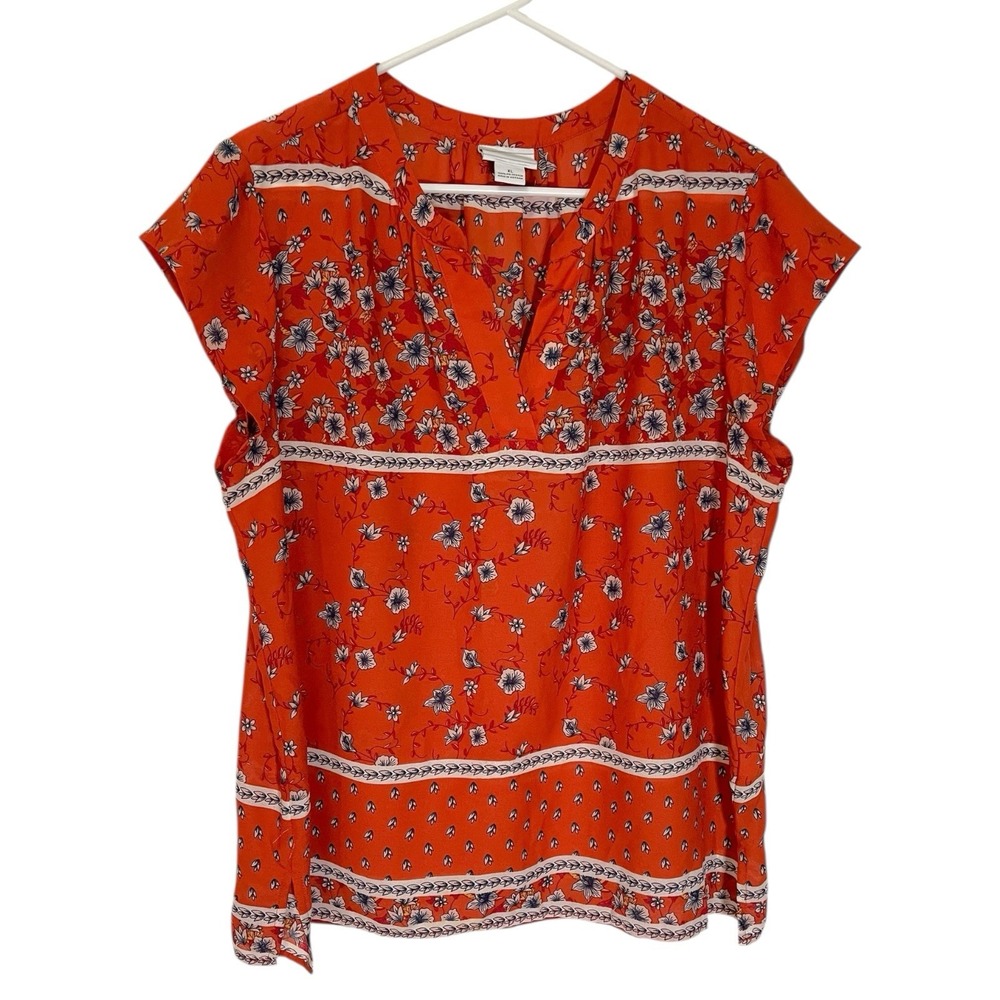 Liz‎ Claiborne XL Orange Floral Blouse Cap Sleeve Split Neck Boho Cottagecore